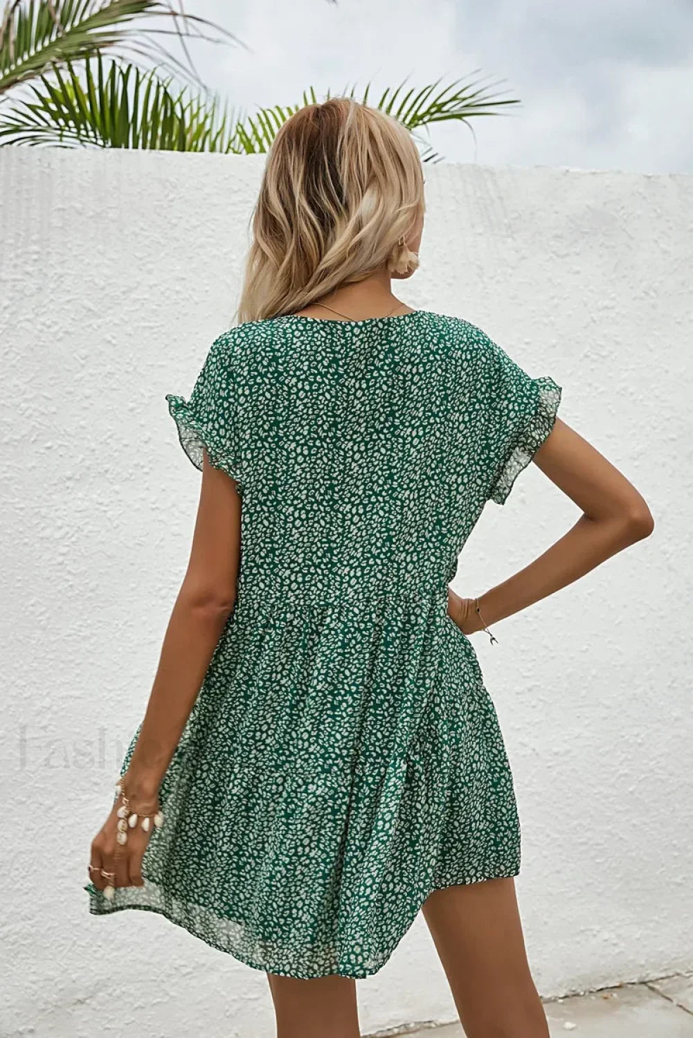 Elegant Leopard Print Floral Prints Summer Women 2024 New Loose V-Neck Ruffled Short Sleeved Mini Dress