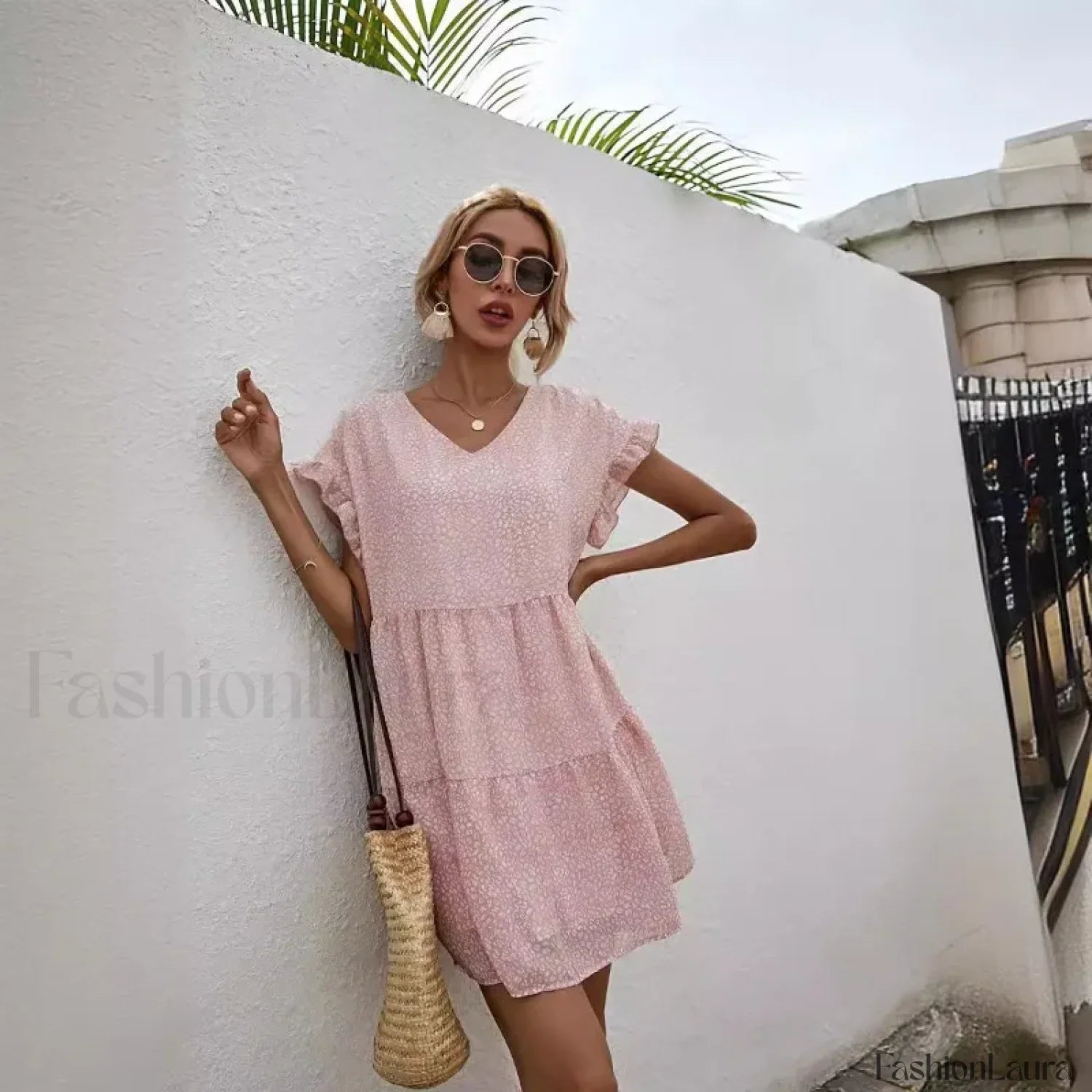 Elegant Leopard Print Floral Prints Summer Women 2024 New Loose V-Neck Ruffled Short Sleeved Mini Dress