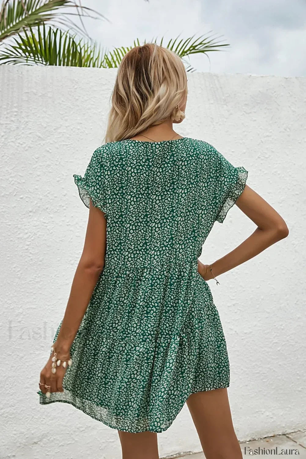 Elegant Leopard Print Floral Prints Summer Women 2024 New Loose V-Neck Ruffled Short Sleeved Mini Dress