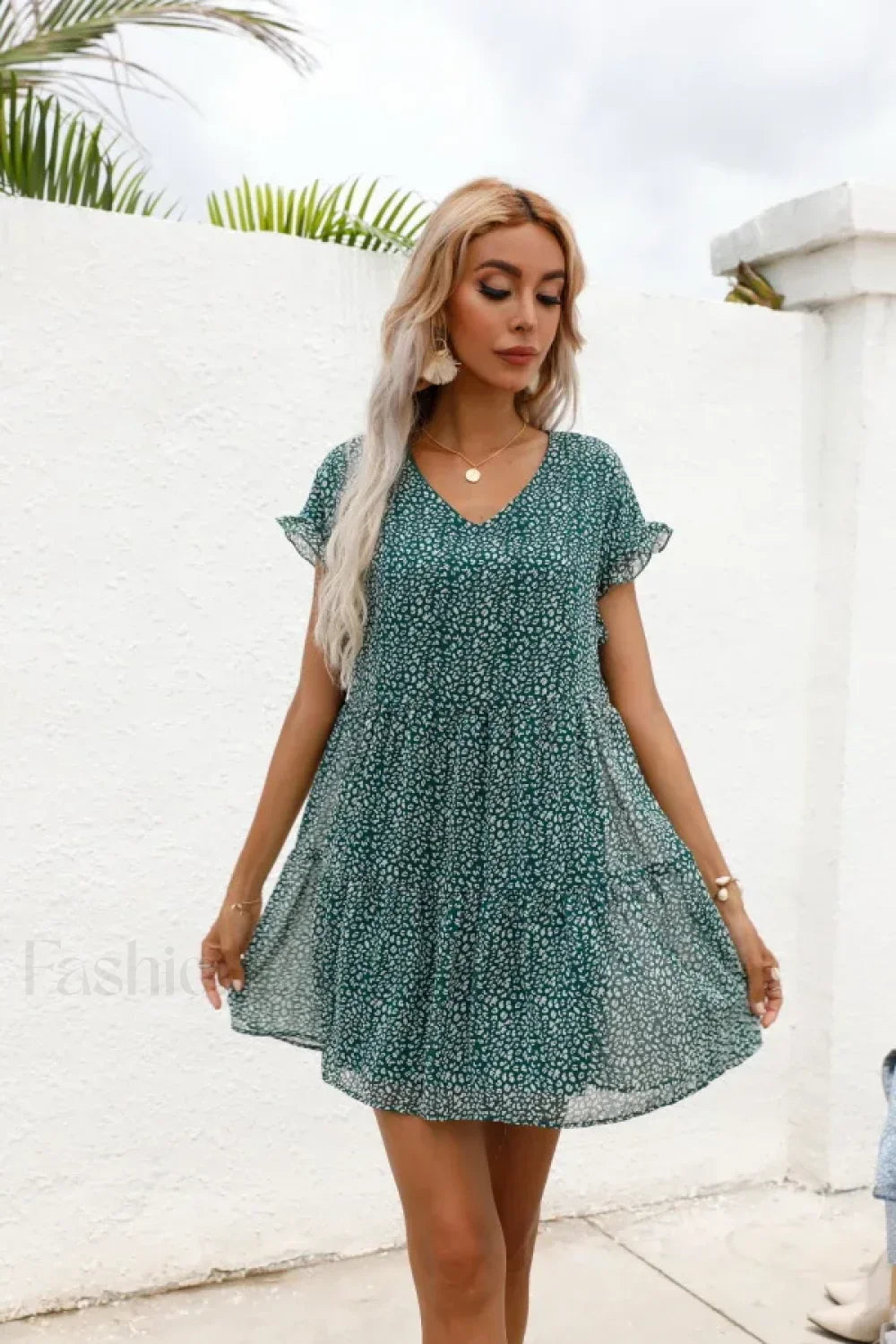 Elegant Leopard Print Floral Prints Summer Women 2024 New Loose V-Neck Ruffled Short Sleeved Mini Dress