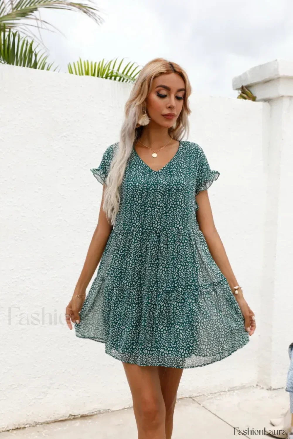 Elegant Leopard Print Floral Prints Summer Women 2024 New Loose V-Neck Ruffled Short Sleeved Mini Dress