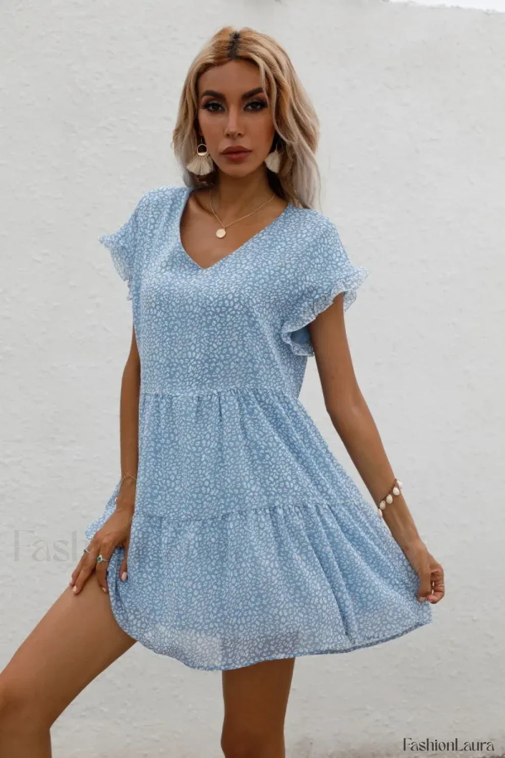 Elegant Leopard Print Floral Prints Summer Women 2024 New Loose V-Neck Ruffled Short Sleeved Mini Dress