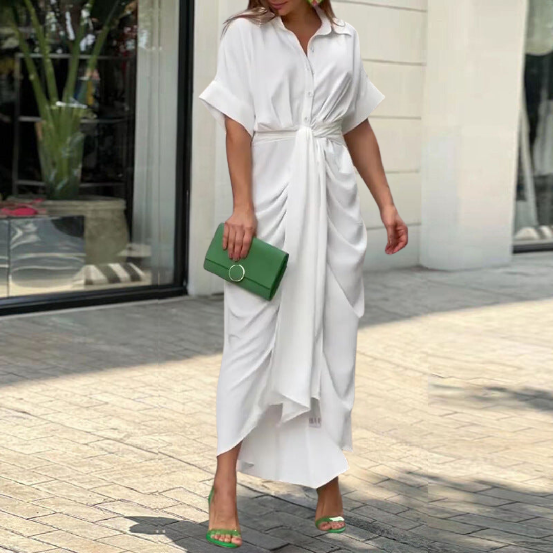 Tropical Print Collared Belted High Split Shirt Maxi Dress