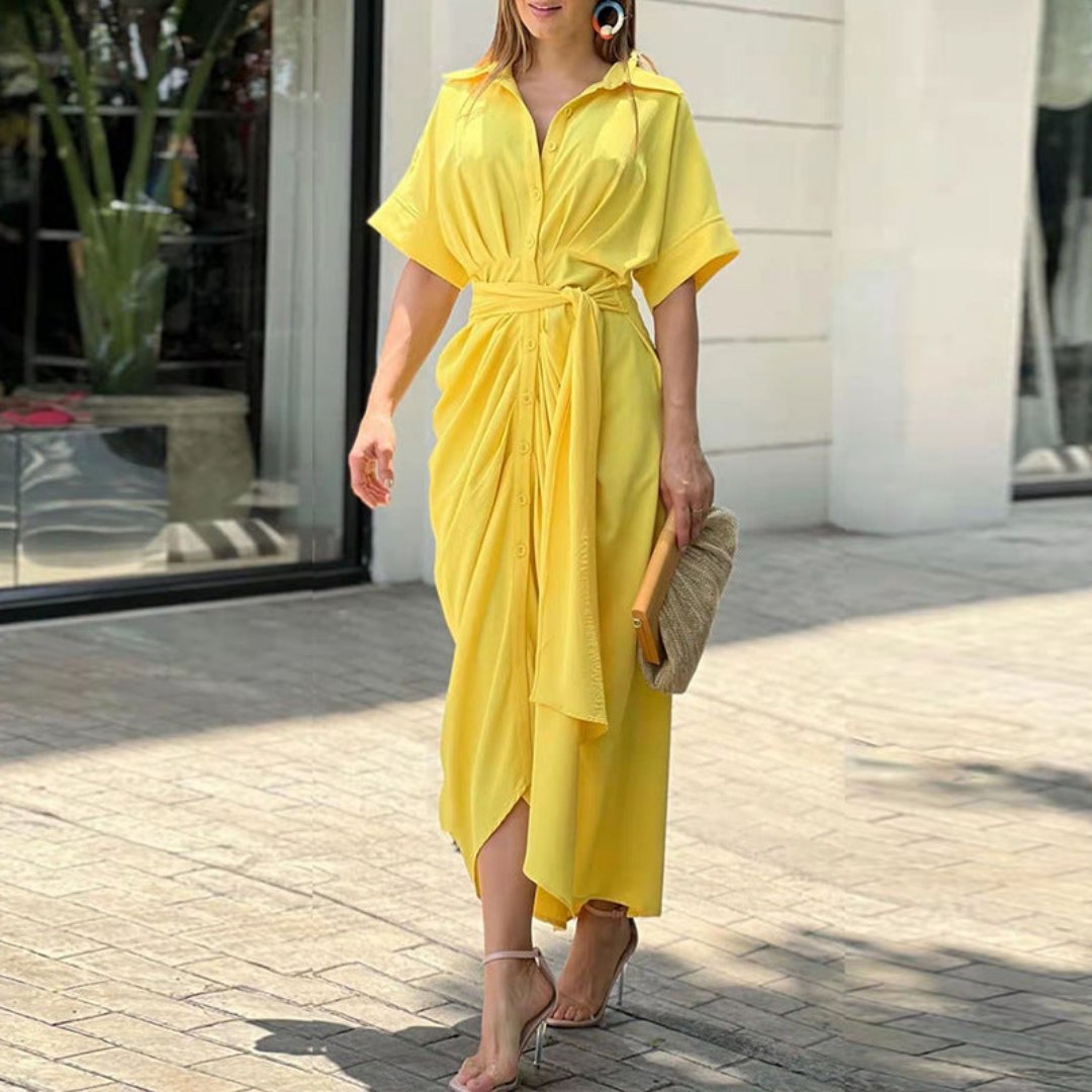 Tropical Print Collared Belted High Split Shirt Maxi Dress