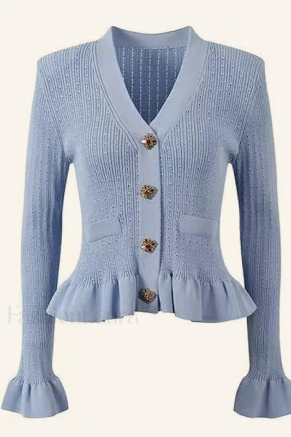 Elegant Lotus Leaf Hem Knit Cardigan Blue / S