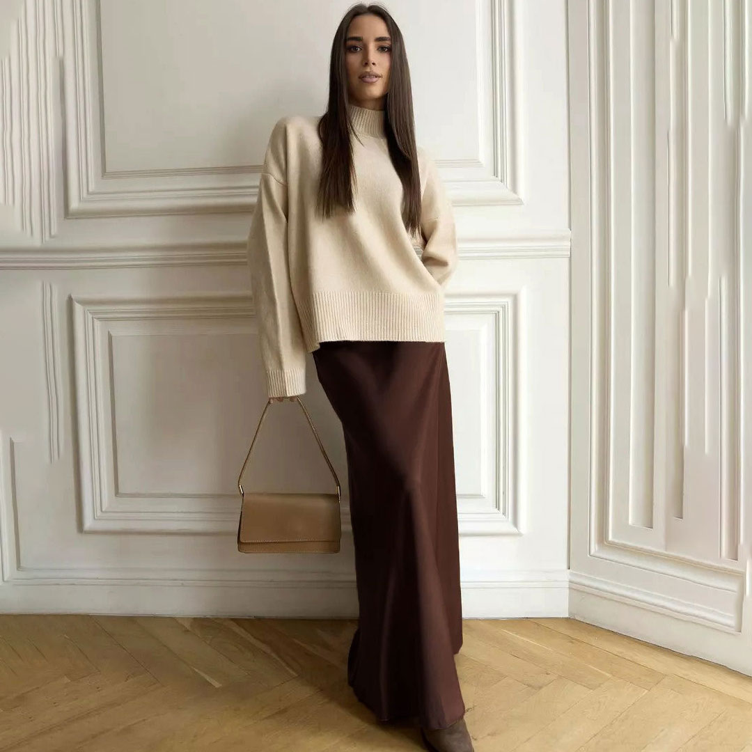 Elegant Metallic Effect Monochrome High Waist A Line Silky Satin Maxi Skirt