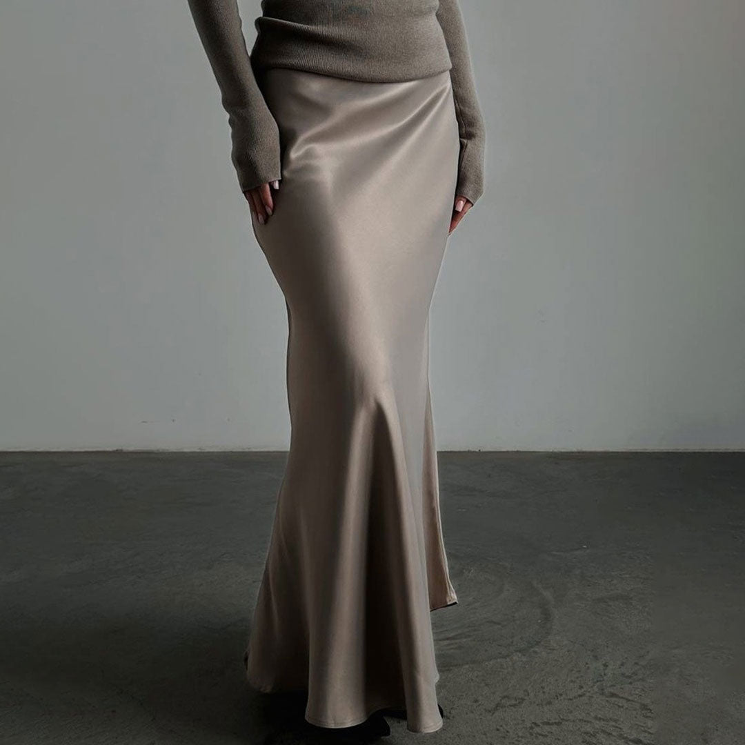 Elegant Metallic Effect Monochrome High Waist A Line Silky Satin Maxi Skirt
