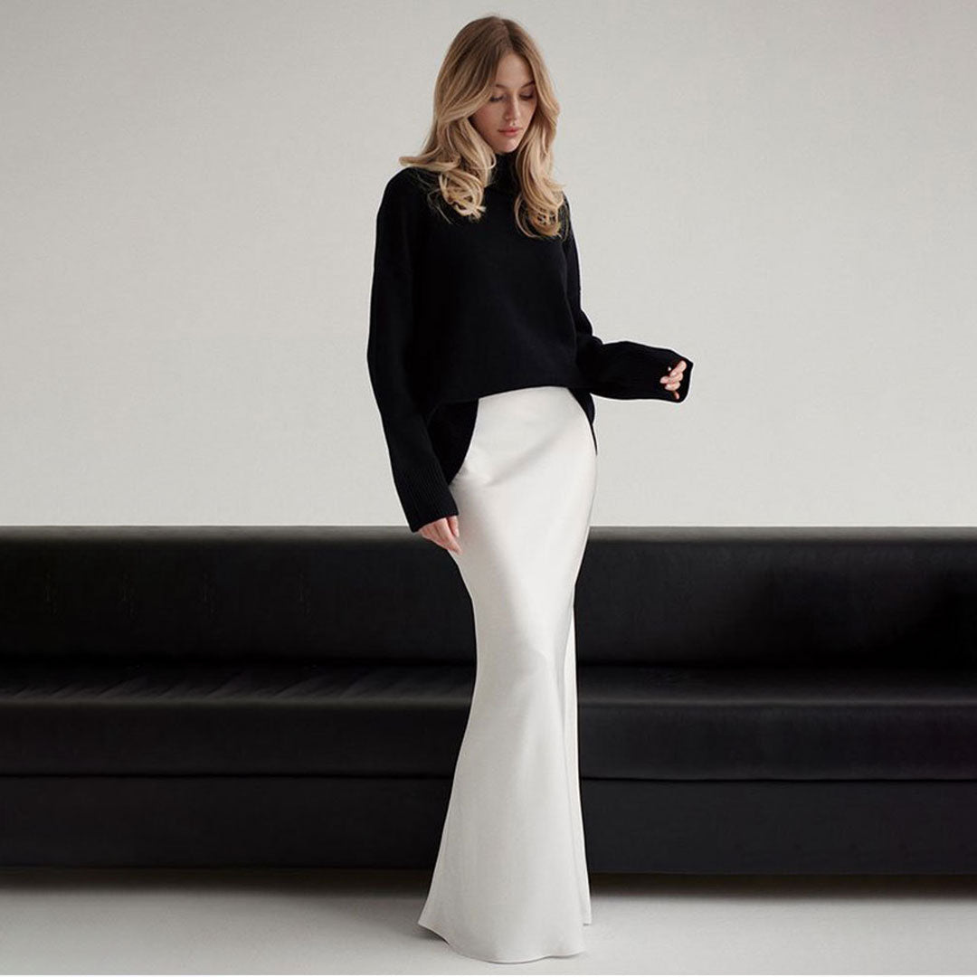 Elegant Metallic Effect Monochrome High Waist A Line Silky Satin Maxi Skirt