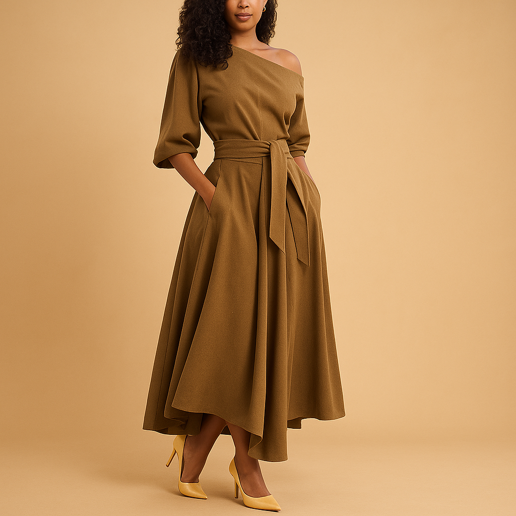 One Shoulder Belted A-Line Maxi Dress 2
