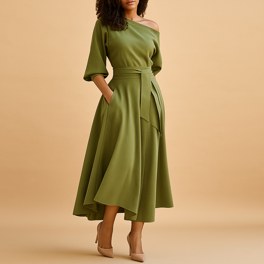 One Shoulder Belted A-Line Maxi Dress 3