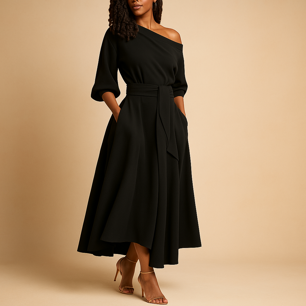 One Shoulder Belted A-Line Maxi Dress 4