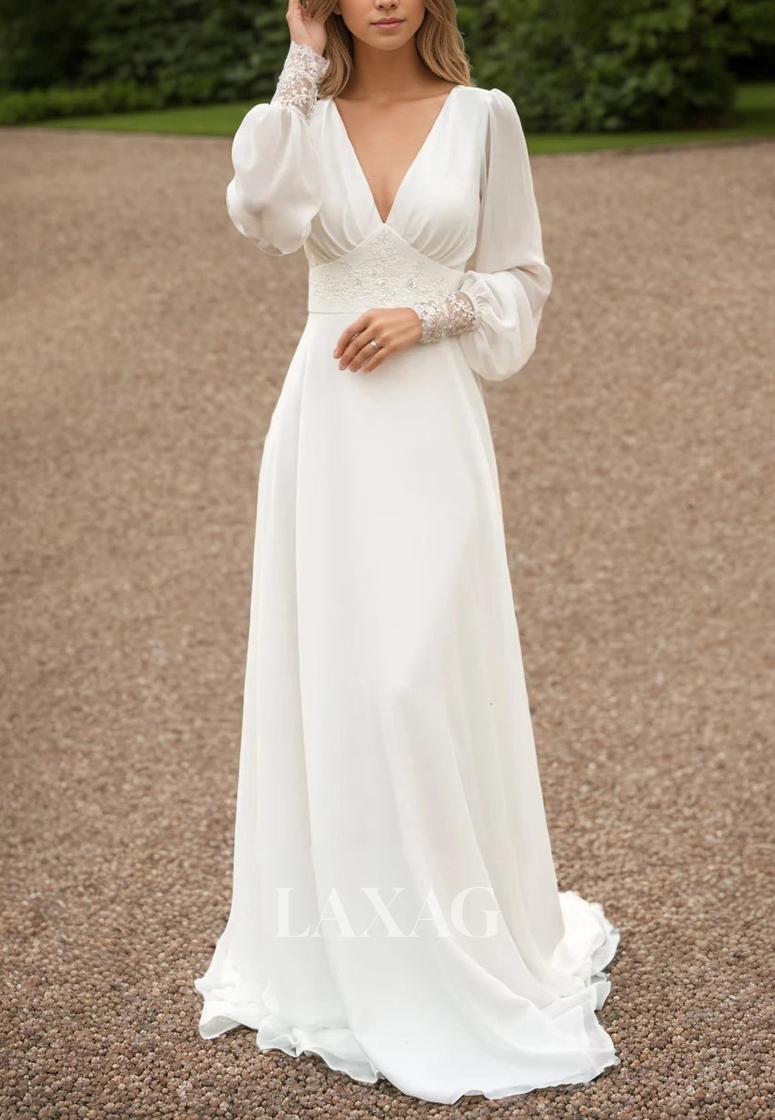 Deep V-Neck Long Sleeves Beaded Pleated Bride Gowns Lace Applique Chiffon Fitted Wedding Dress