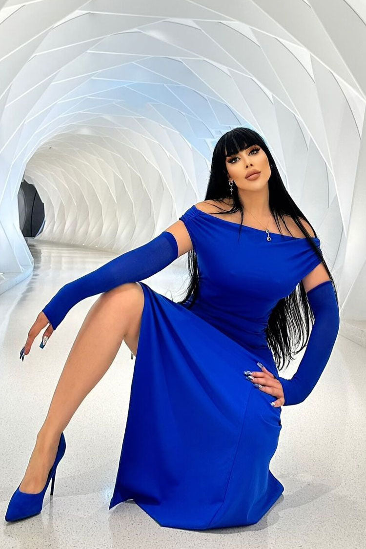 Elegant Off Shoulder Ruched Size Zip Split Evening Maxi Dress - Royal Blue 4