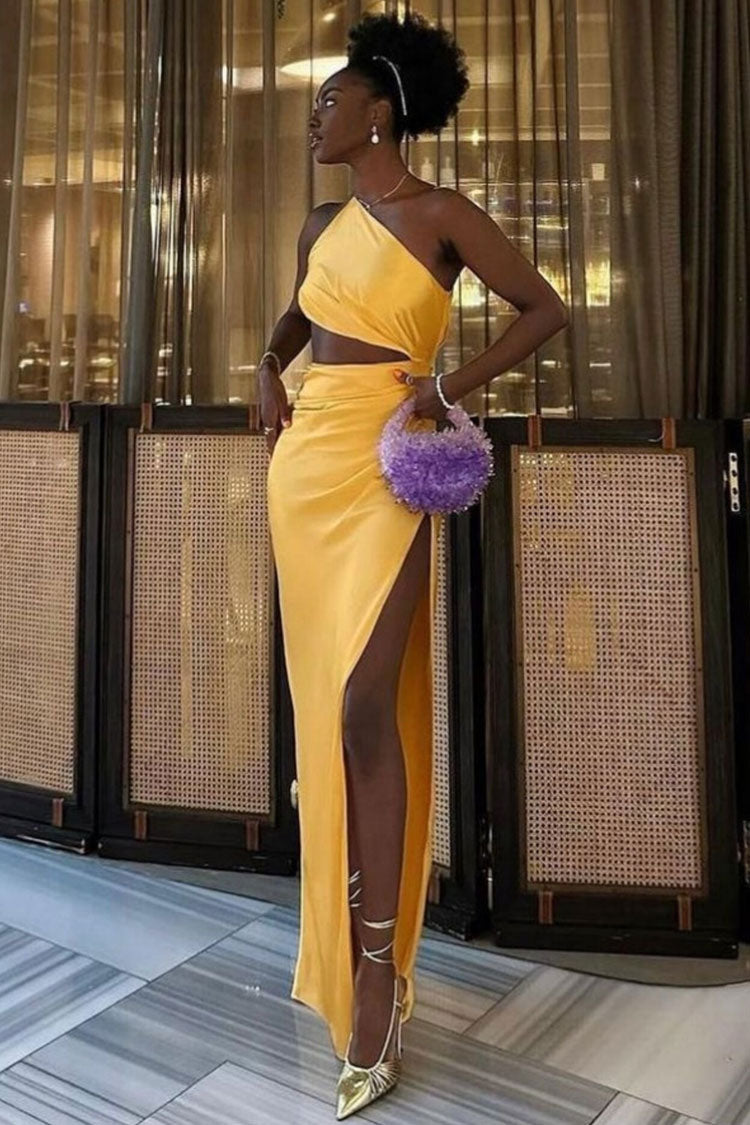 Elegant One Shoulder Cutout High Split Silky Satin Evening Maxi Dress - Yellow 4