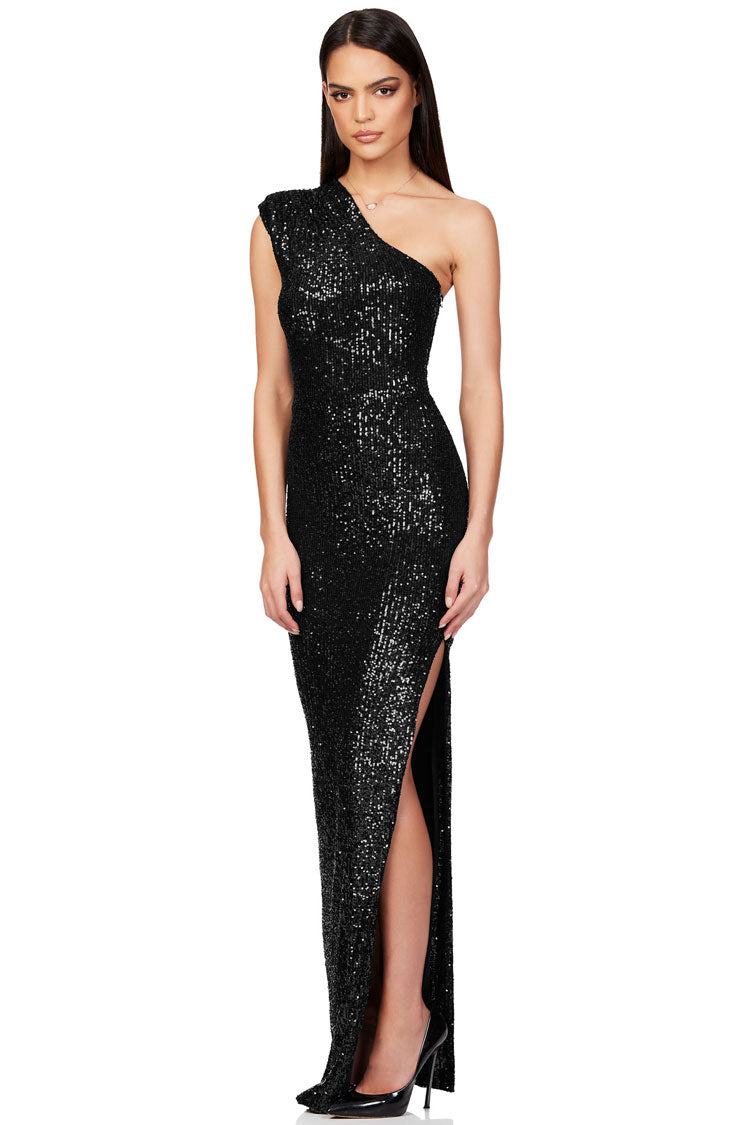 Sequin One Shoulder High Split Maxi Dress