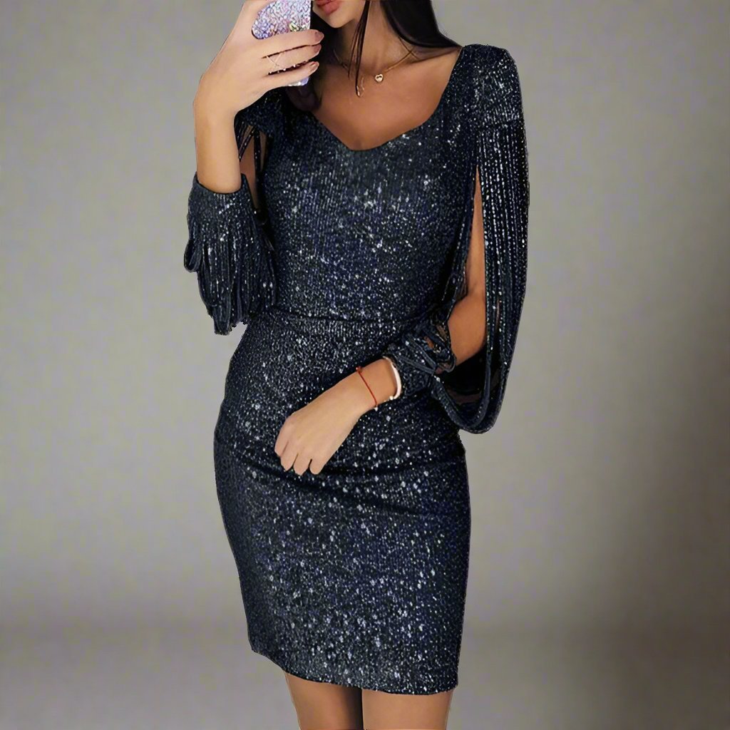 Sequin V-Neck Tassel Sleeve Ruched Bodycon Mini Dress