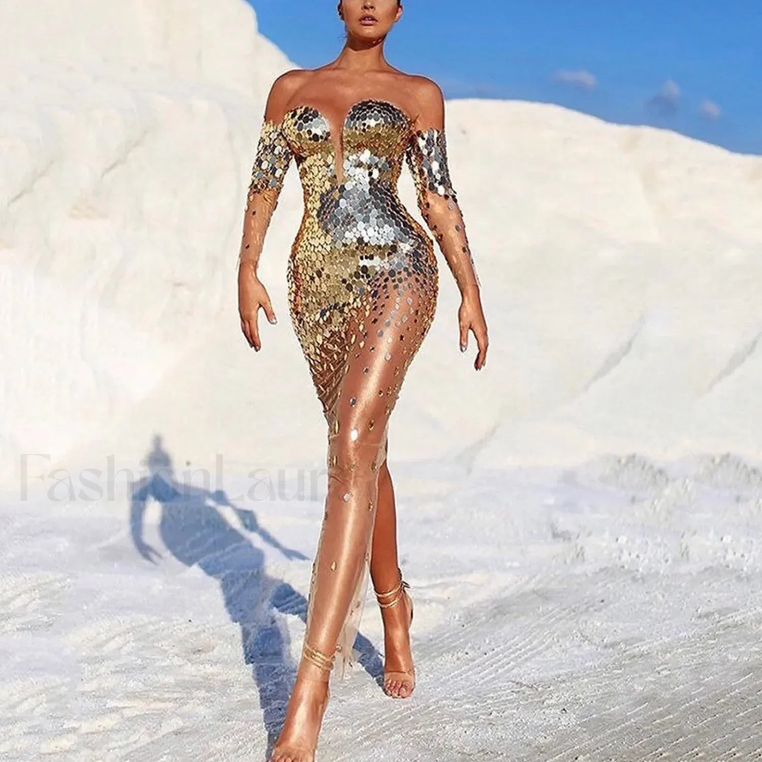 Elegant Party For Women 2024 Sexy Mesh See Through Deep V Neck Evening Prom Dress