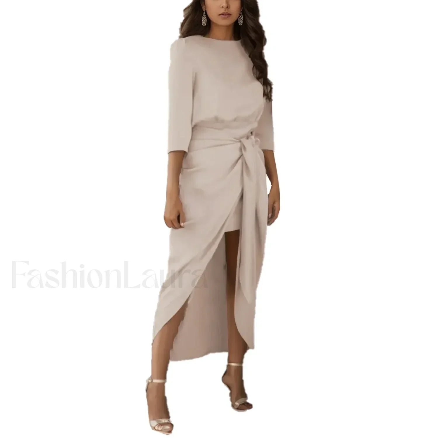 Elegant Party For Women Satin Long Sleeve Tie Waist Side Slit Midi Wedding Guest For Women Vestidos Prom Dress