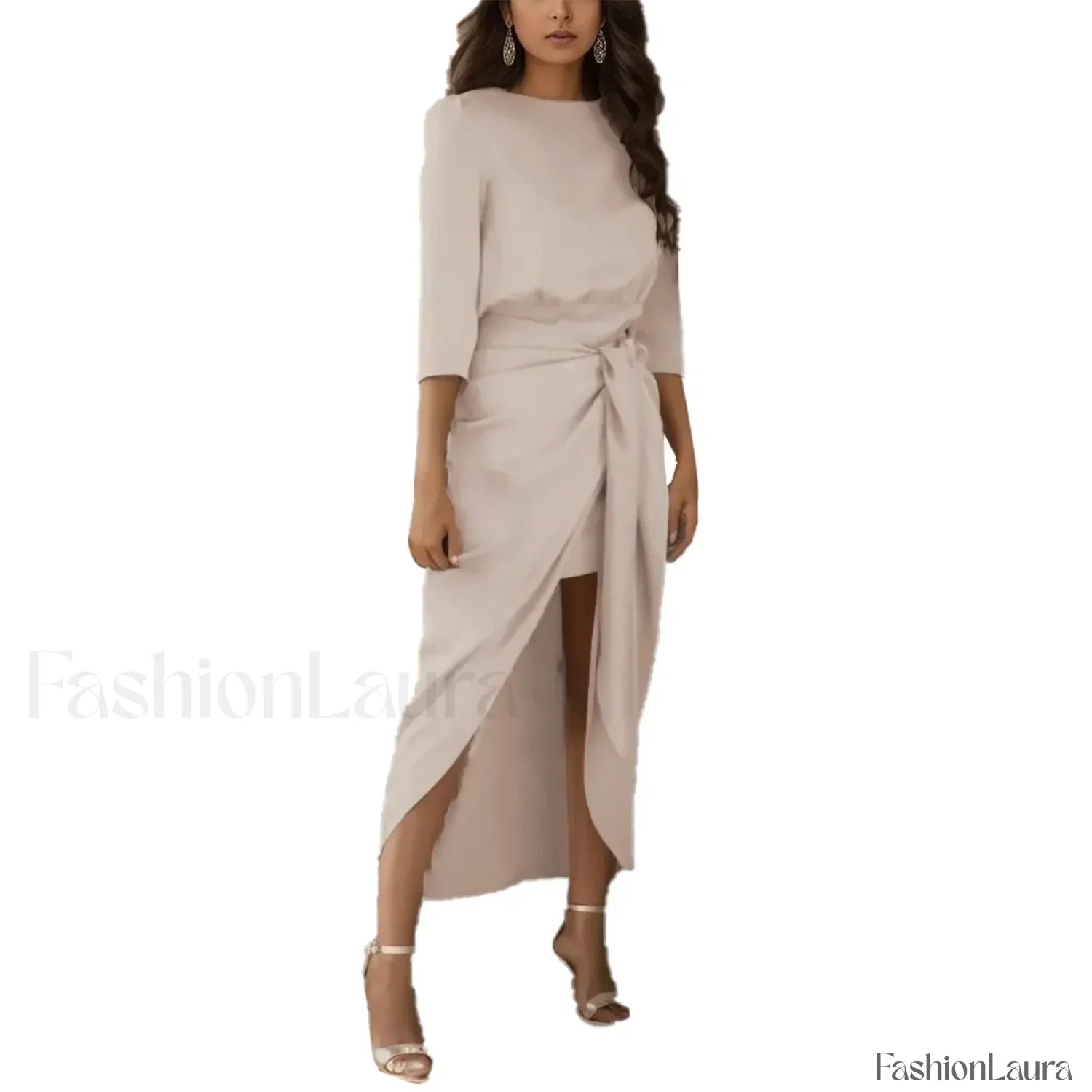 Elegant Party For Women Satin Long Sleeve Tie Waist Side Slit Midi Wedding Guest For Women Vestidos Prom Dress