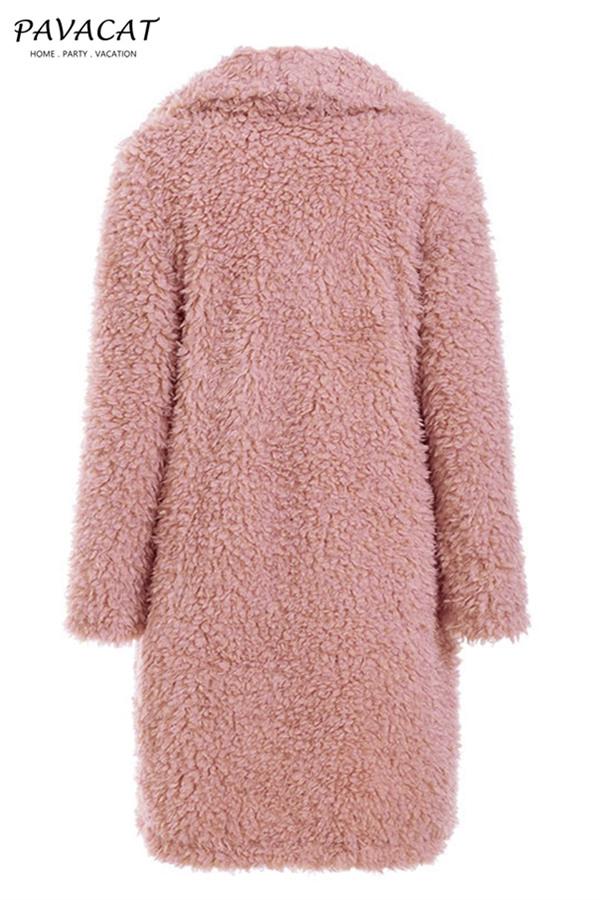 Elegant Pink Long Faux Fur Coat
