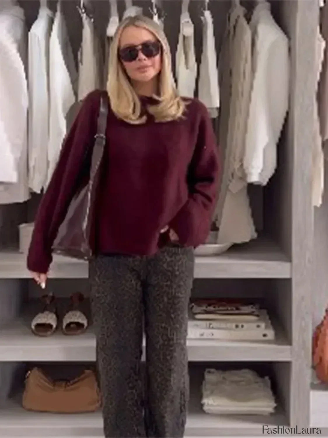 Elegant Red Round Neck Knitted Pullover For Women Fashion Long Sleeves Sweater