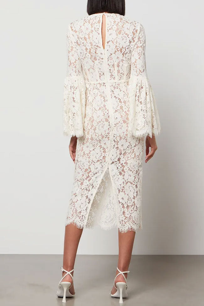 Elegant Round Neck Eyelash Bell Sleeve Sheath Lace Midi Dress - White - View 2