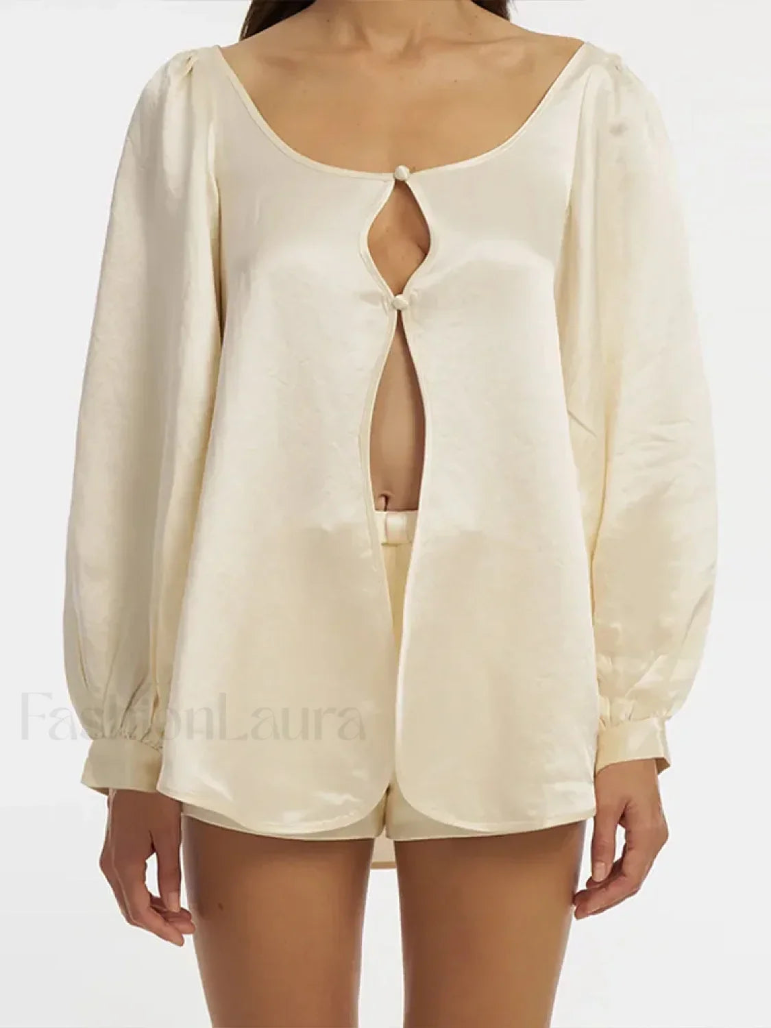 Elegant Satin Long Sleeve Shorts Two Piece Set