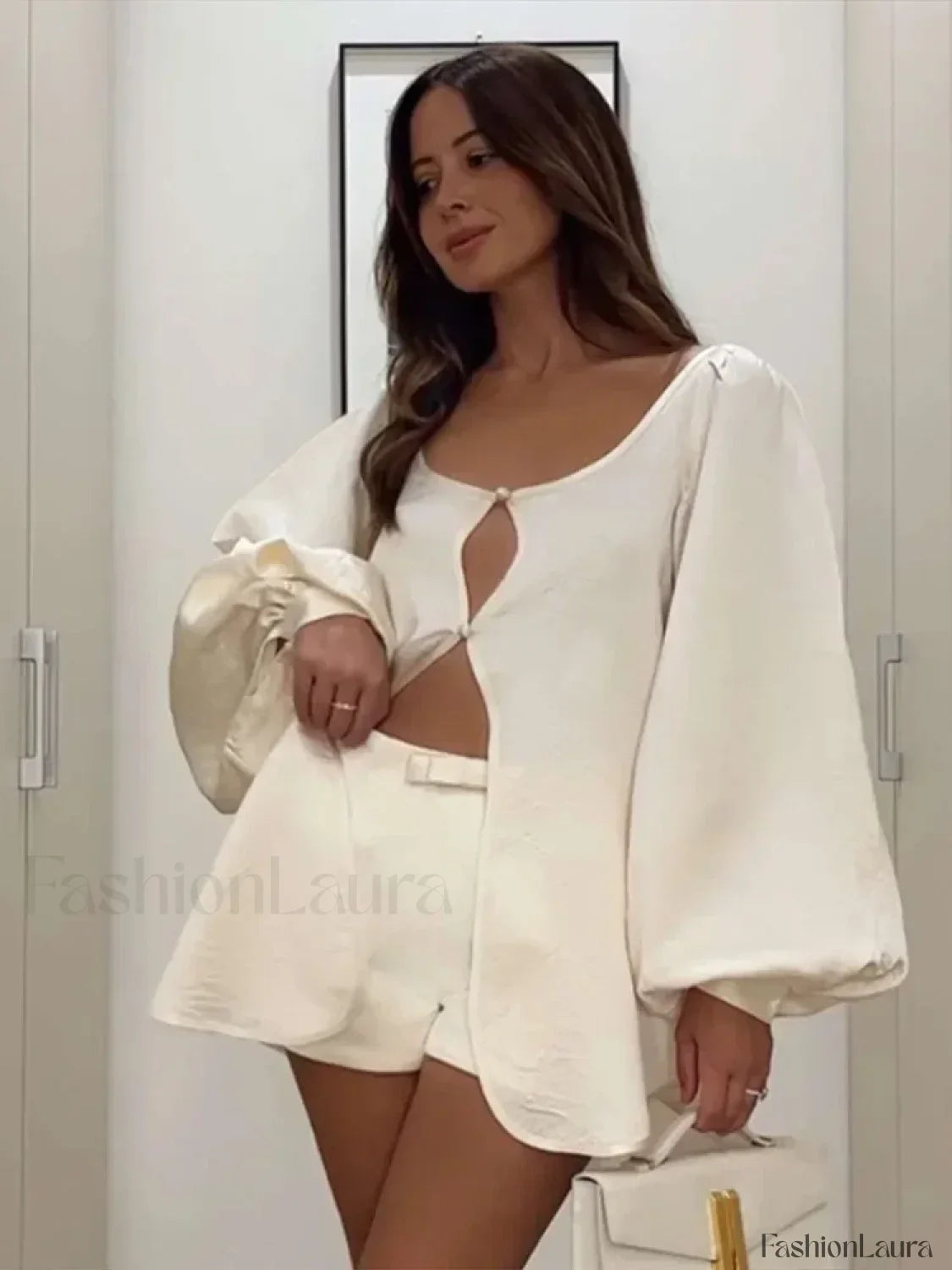 Elegant Satin Long Sleeve Shorts Two Piece Set