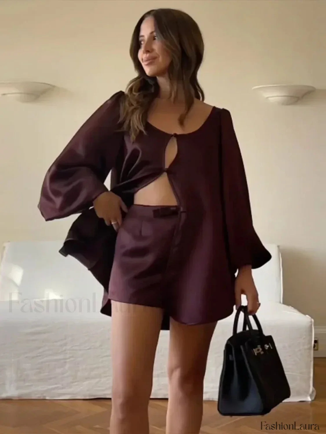 Elegant Satin Long Sleeve Shorts Two Piece Set
