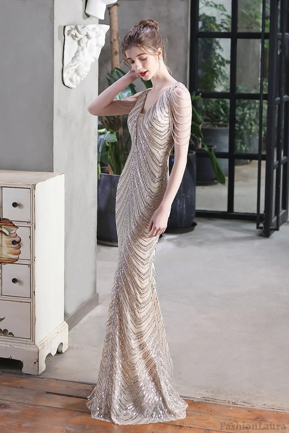 Elegant Sequin Mermaid Party Dress Silver / S