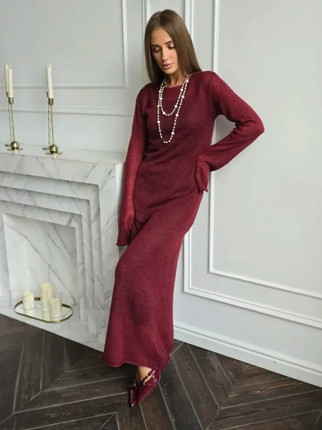 Elegant Solid Knit Beach Cover Up Wine Red / M
