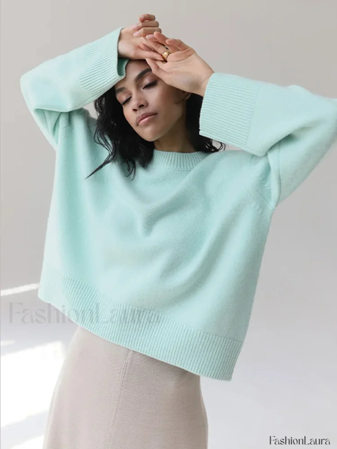 Elegant Solid Round Neck Pullover Women Casual Long Sleeve Loose Soft Warm Sweater