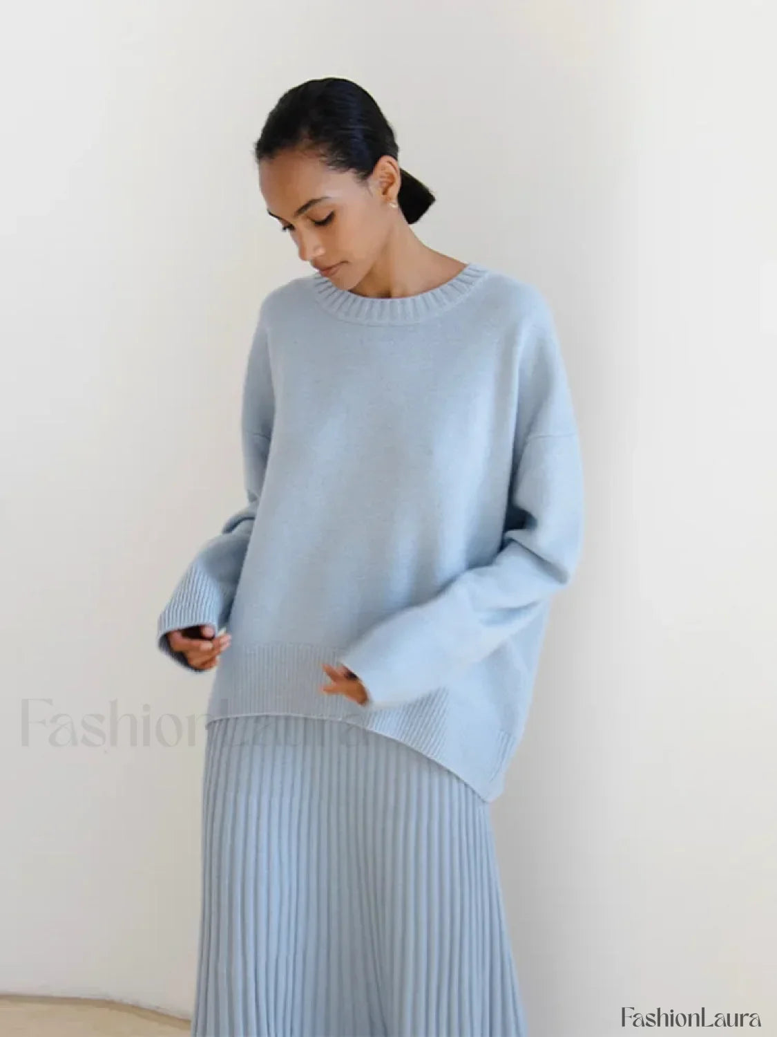 Elegant Solid Round Neck Pullover Women Casual Long Sleeve Loose Soft Warm Sweater