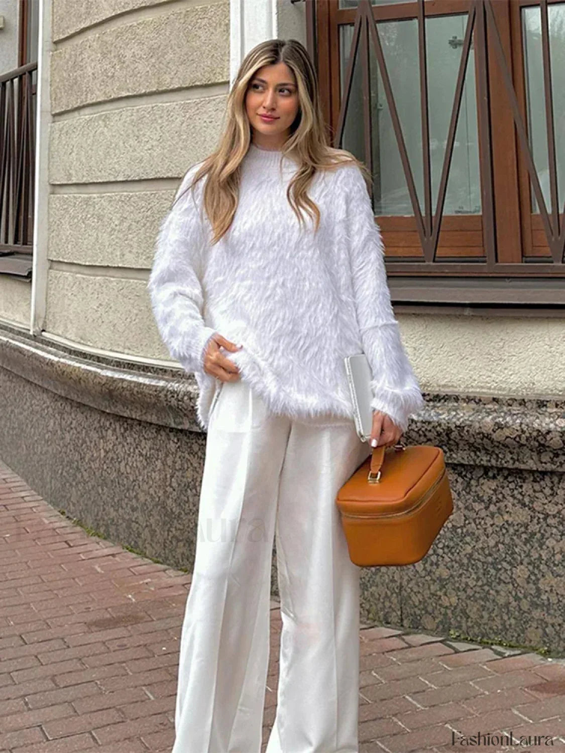 Elegant Solid Round Neck Warm Pullover For Women Casual Long Sleeves Loose Sweater