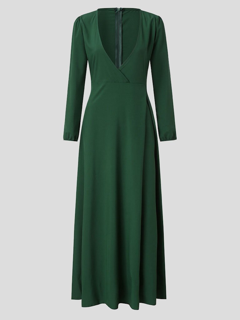 Deep V-Neck Long Sleeve Wrap Tie Belt Fit and Flare Maxi Dress