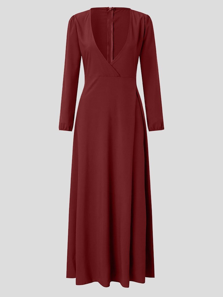 Deep V-Neck Long Sleeve Wrap Tie Belt Fit and Flare Maxi Dress