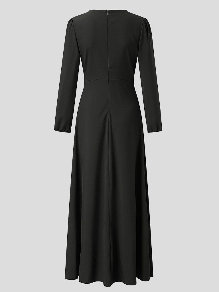 Deep V-Neck Long Sleeve Wrap Tie Belt Fit and Flare Maxi Dress