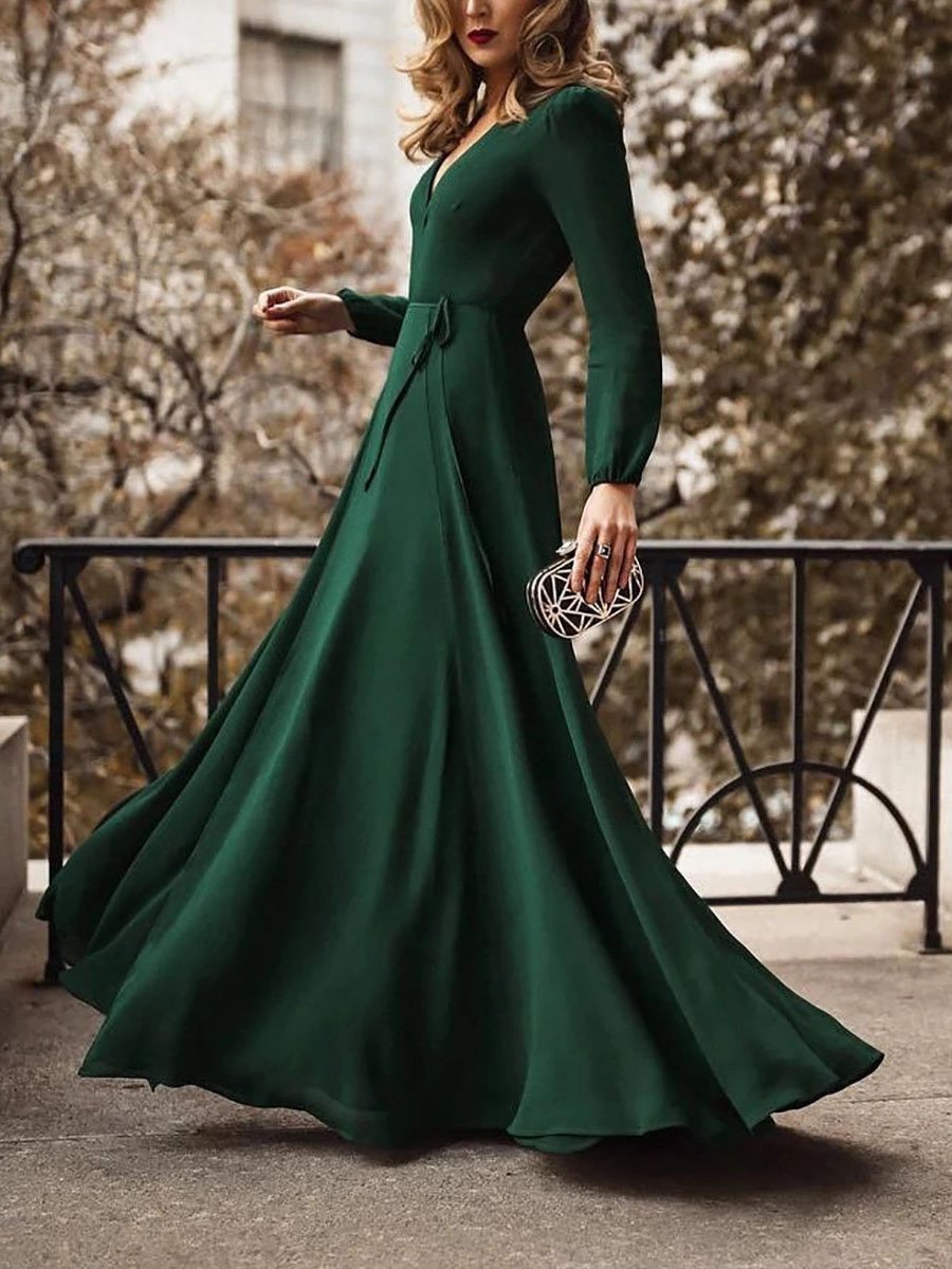 Deep V-Neck Long Sleeve Wrap Tie Belt Fit and Flare Maxi Dress