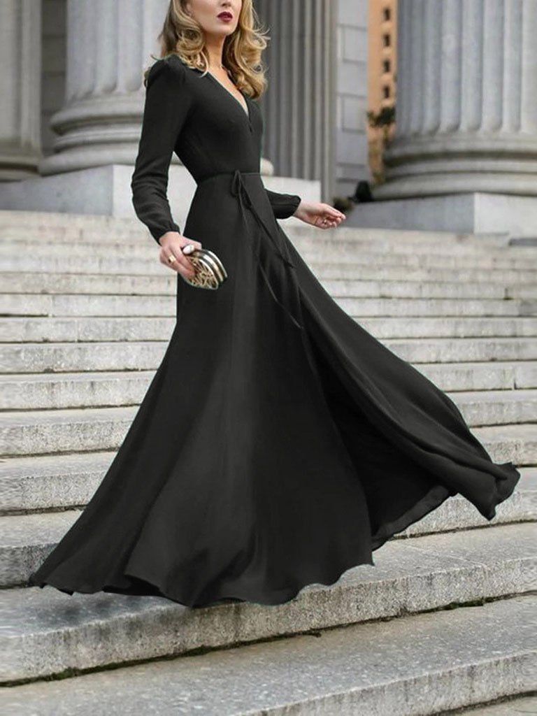 Elegant Solid V neck Lace up Dress