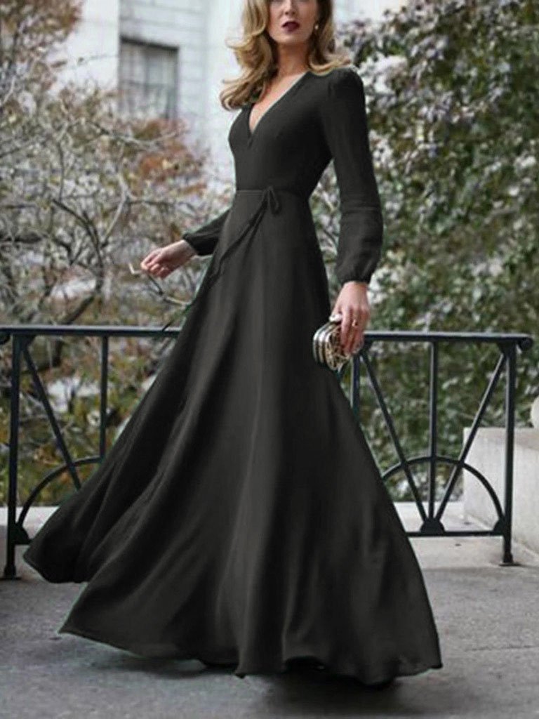 Deep V-Neck Long Sleeve Wrap Tie Belt Fit and Flare Maxi Dress