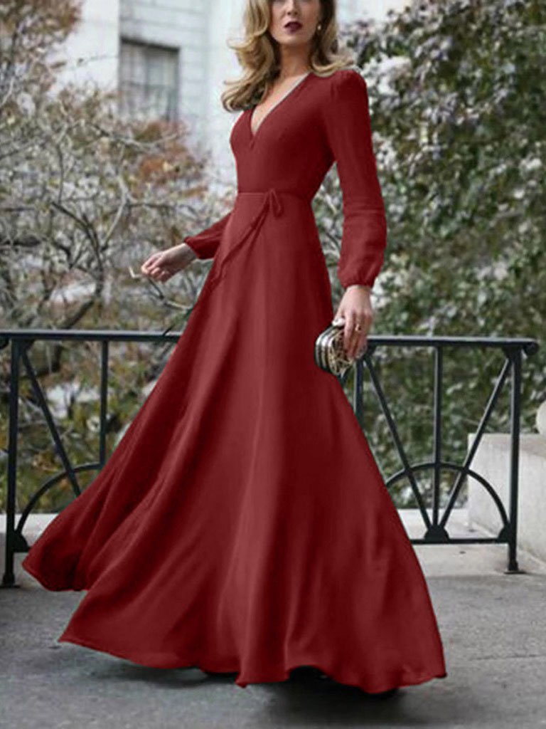 Deep V-Neck Long Sleeve Wrap Tie Belt Fit and Flare Maxi Dress