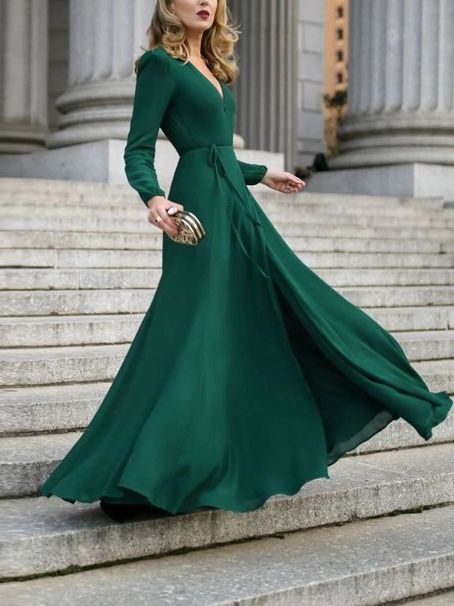 Deep V-Neck Long Sleeve Wrap Tie Belt Fit and Flare Maxi Dress