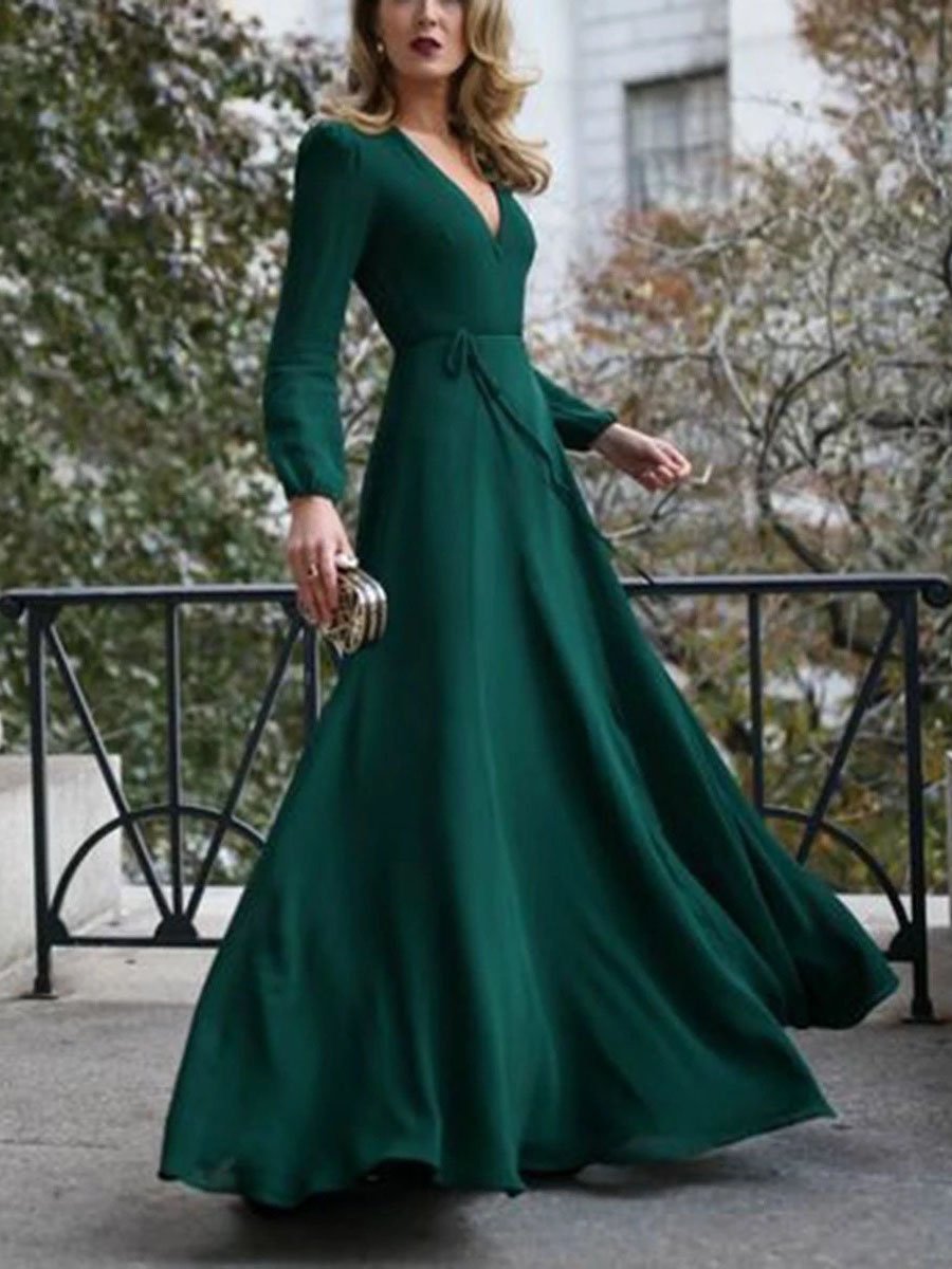 Deep V-Neck Long Sleeve Wrap Tie Belt Fit and Flare Maxi Dress