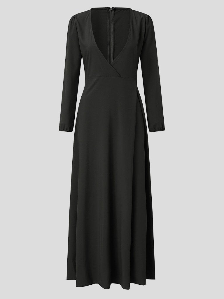 Deep V-Neck Long Sleeve Wrap Tie Belt Fit and Flare Maxi Dress
