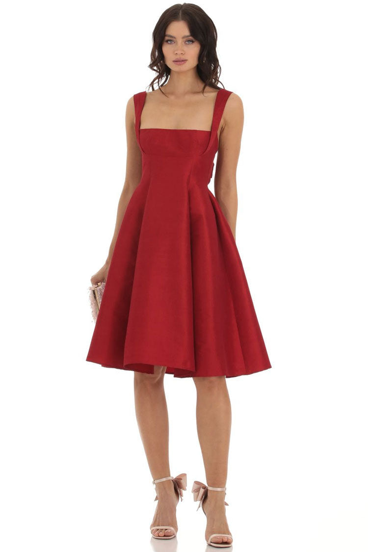 Elegant Square Neck Sleeveless Bow Tie Fit & Flare Cocktail Midi Dress