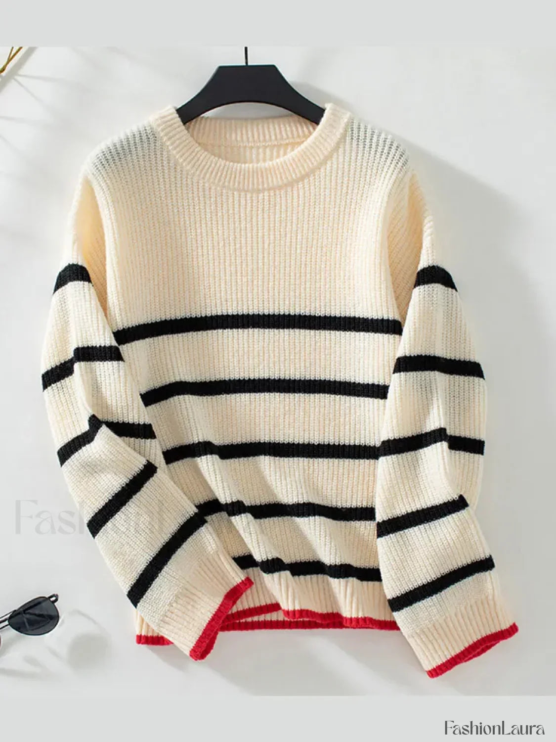 Elegant Striped Round Neck Knitted Pullover Women Casual Long Sleeve Loose Sweater