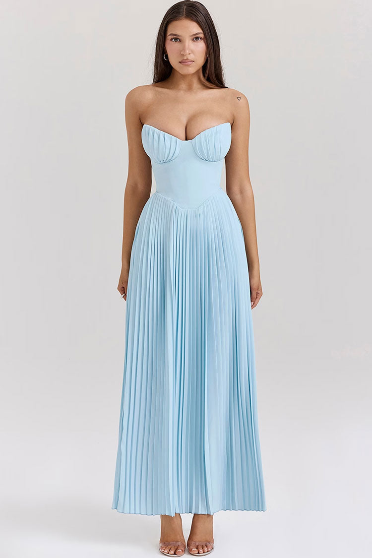 Chic Sweetheart Strapless Bustier Drop Waist Pleated Evening Maxi Dress