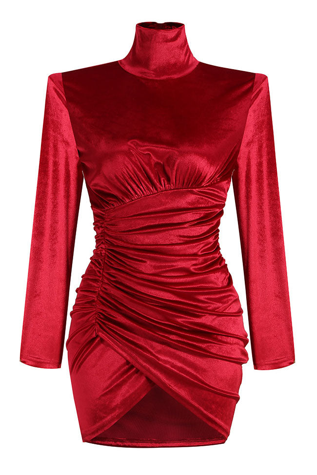 Velvet Mock Neck Long Sleeve Ruched Wrap Hem Bodycon Mini Dress