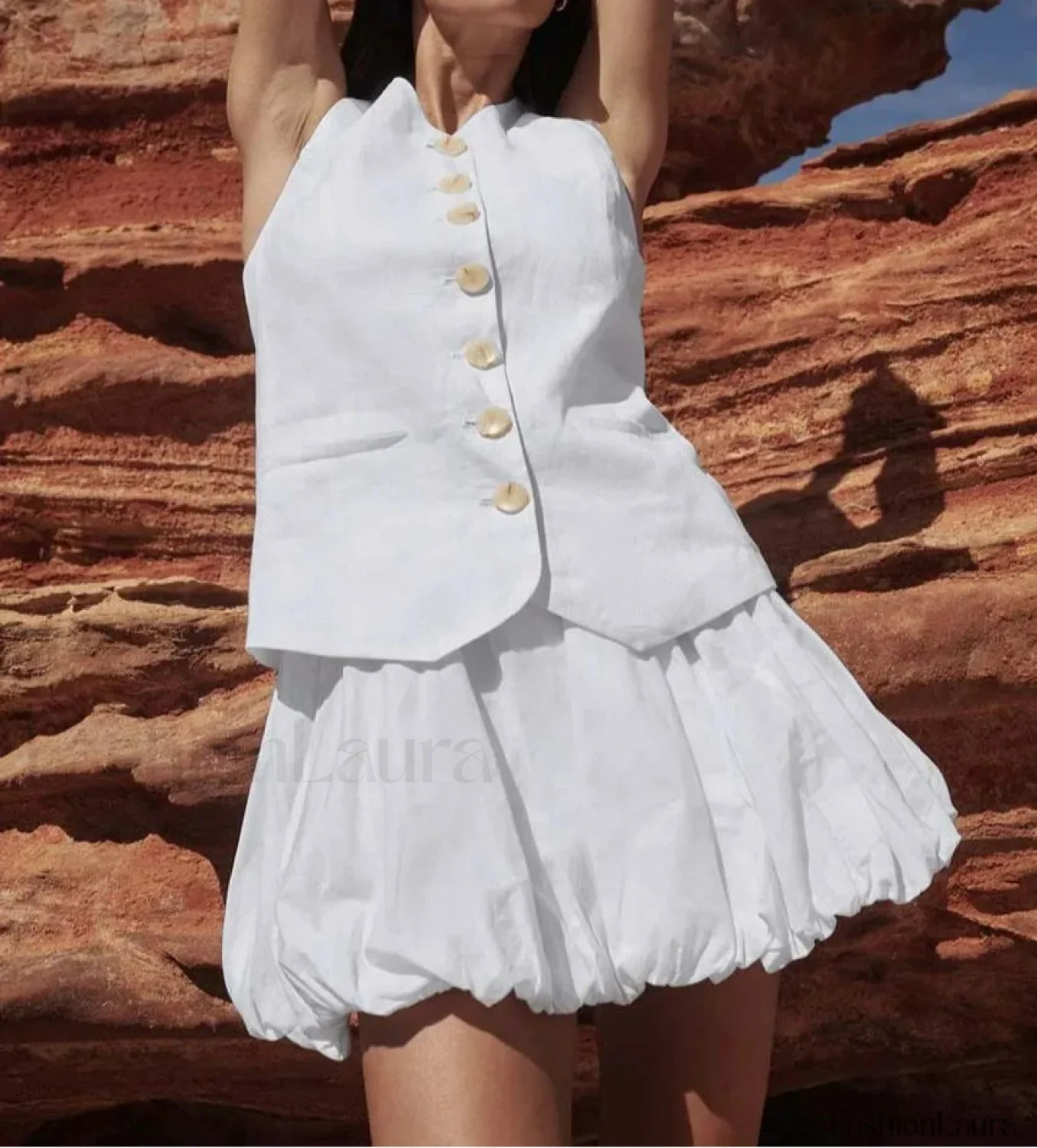 Elegant White Cotton Tank Skirt Two Piece Set