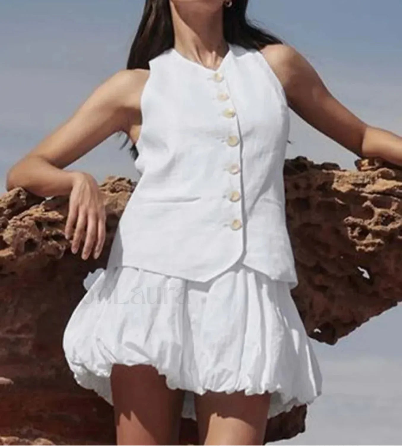 Elegant White Cotton Tank Skirt Two Piece Set WHITE / S